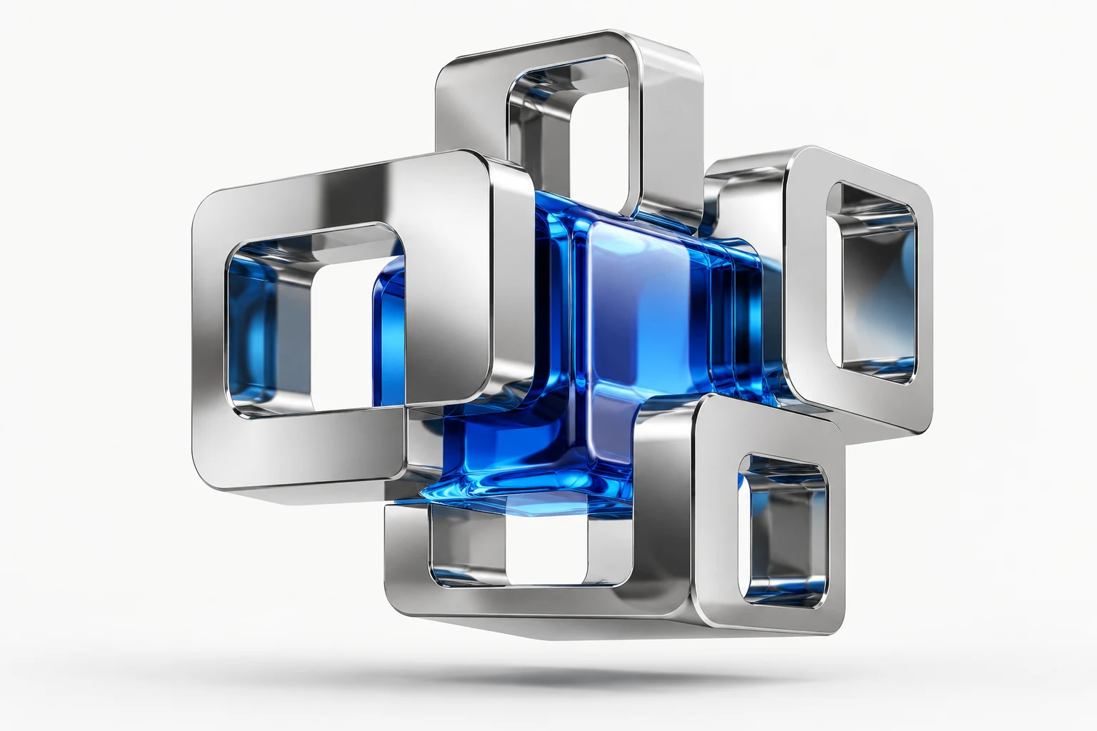 Interlocking silver and blue structures representing connected software expertise